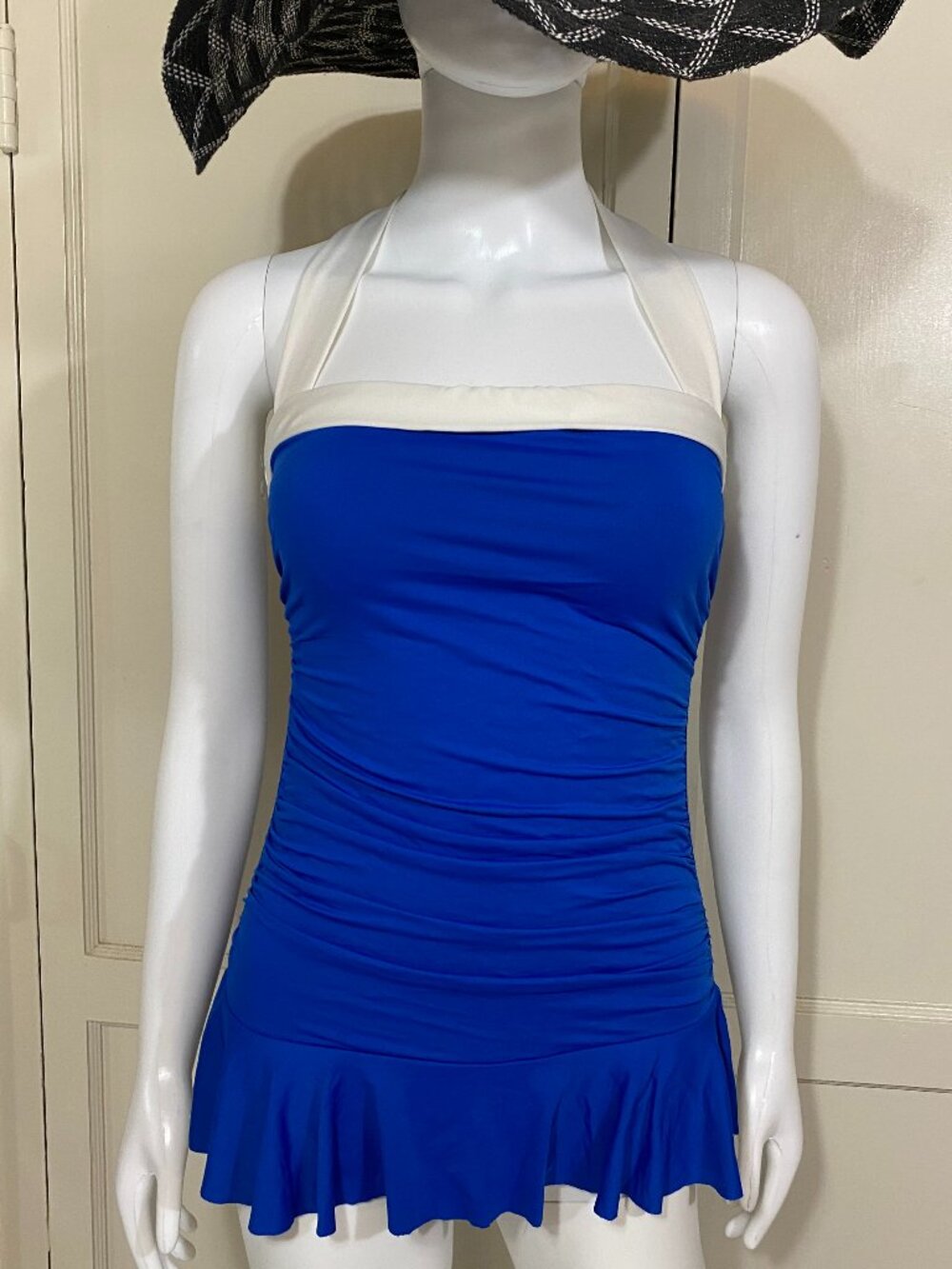 RALPH LAUREN Bel Air Skirt Swimsuit One Piece Blue White Halter Tummy Control 8